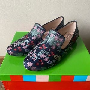 Vince Camuto smoking slipper casual flat in navy blue floral pattern US size 10